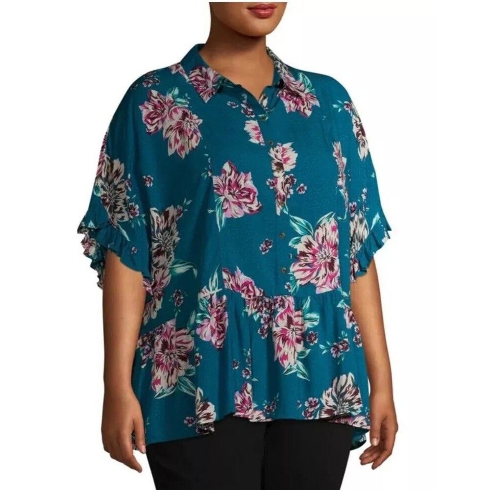 Women’s Teal Floral Peplum Button Terra & Sky Top Lightweight 1X 16W-18W NEW